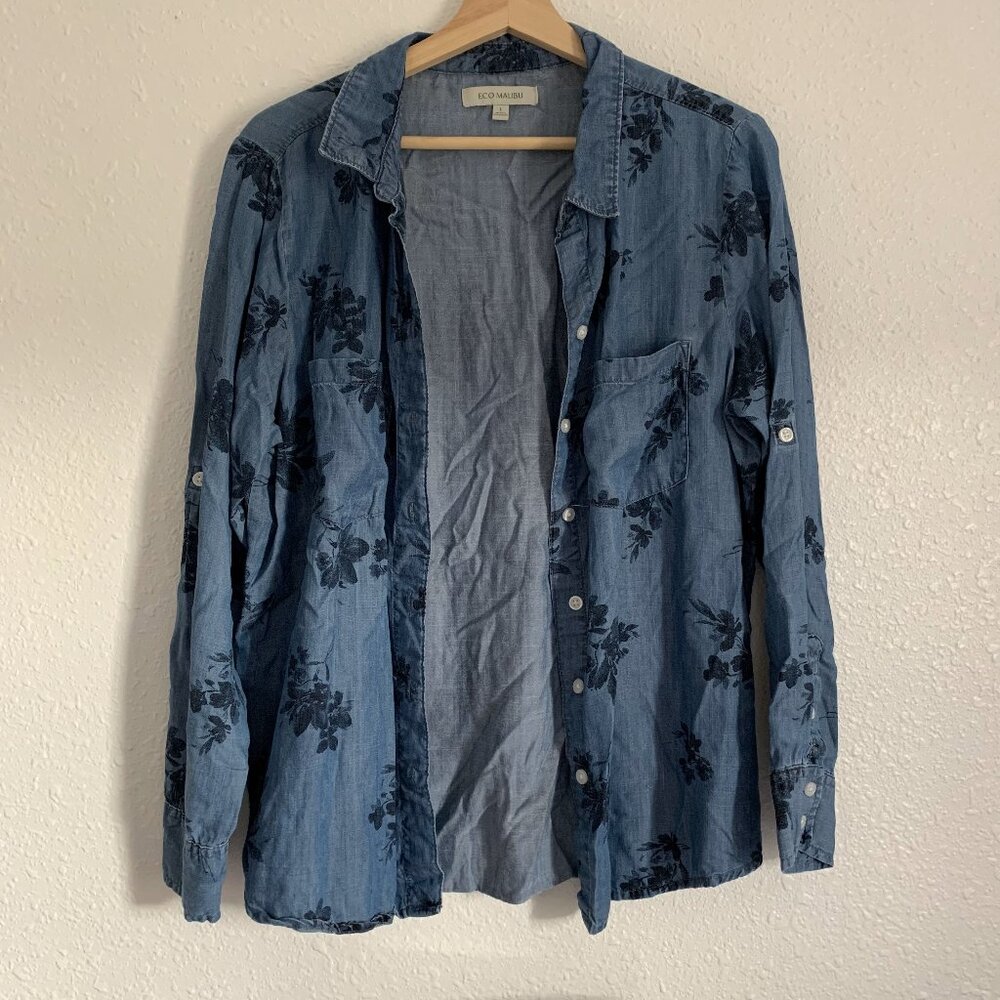 Denim-style Floral Button-up
